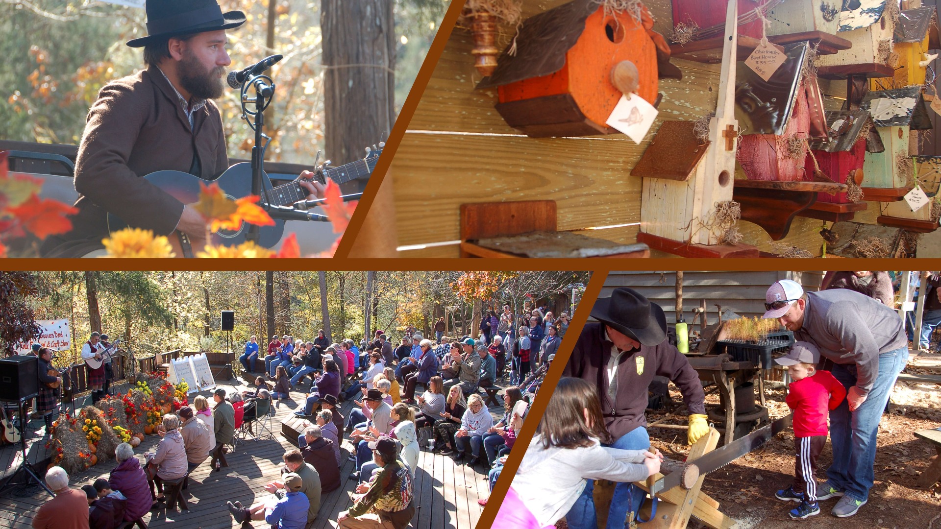 Photo collage with 4 images - 1- folk singer, 2- wooden bird houses, 3- audience watching Celtic band, 4- cross cut saw.