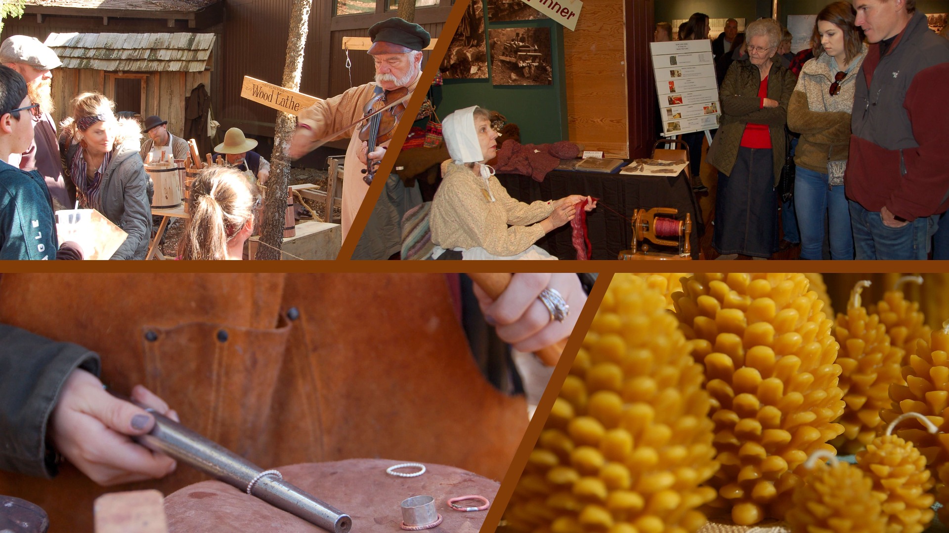 Collage of 4 images - 1- gentleman playing fiddle to audience, 2 - lady spinning yarn, 3- silversmith making jewelry, 4- homemade bees wax candles.