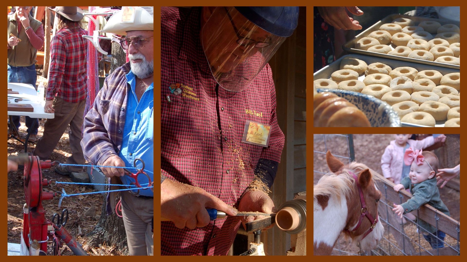 Collage of 4 images: 1- gentleman making rope. 2 - gentleman wood turning on a lathe, 3 - making home made doughnuts, 4 - Baby petting a pony.
